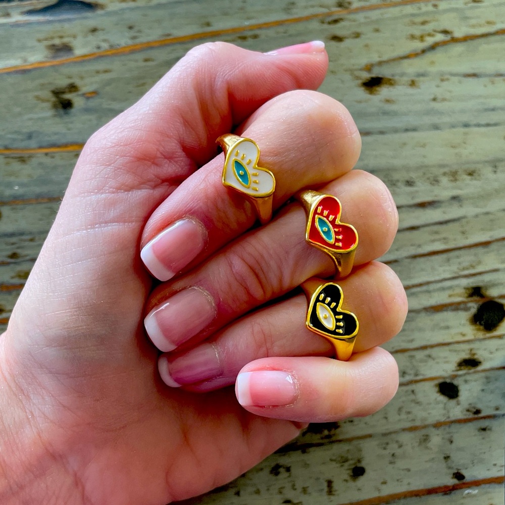 Evil Eye Enamel Heart Shaped Rings, Protect your Energy